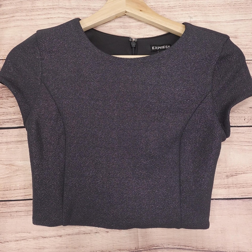 Express Top Womens XS Black Metallic Textured Cap Sleeve Crop Shirt Fitted Party